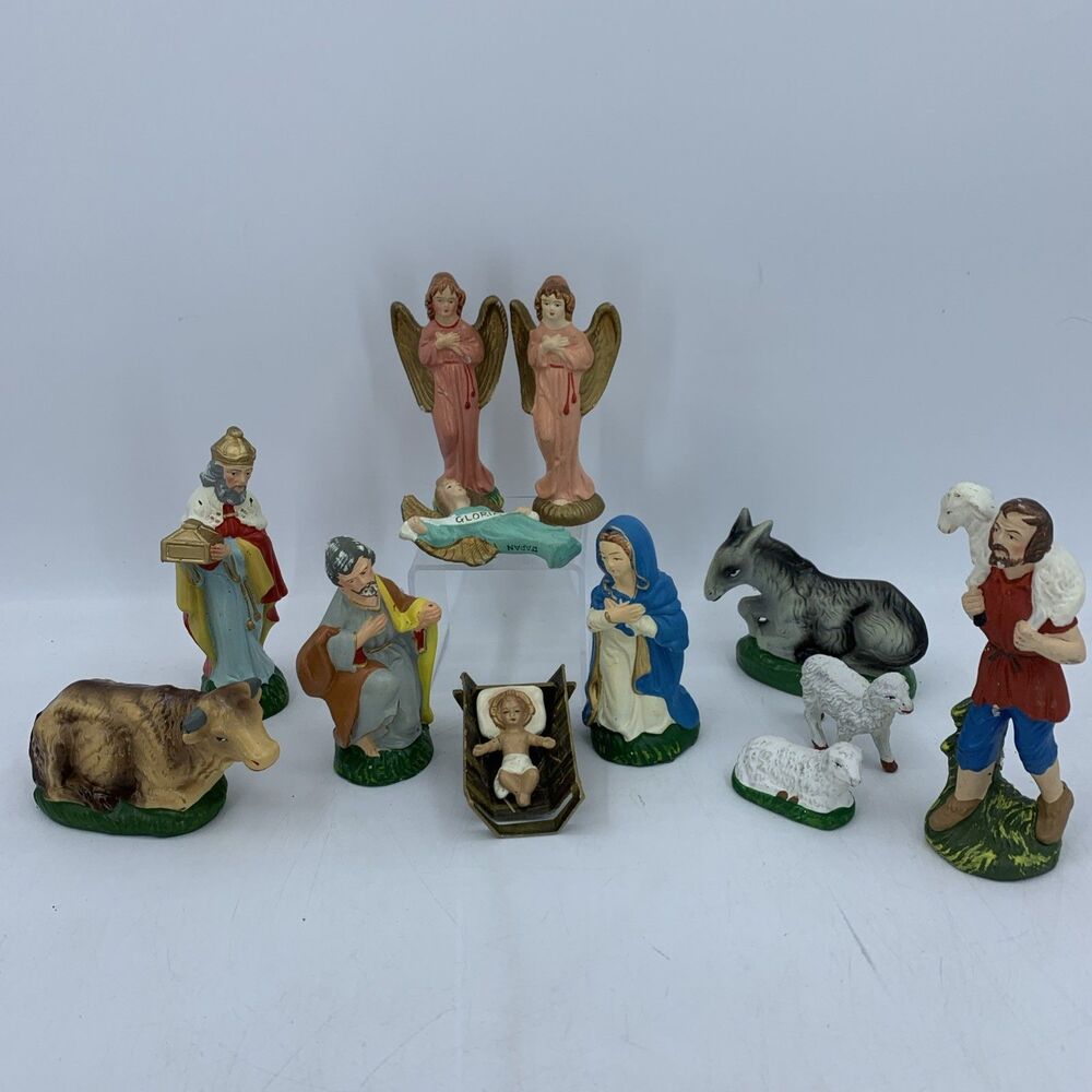 Vtg Nativity Baby Jesus Mary Joseph Japan Plaster Paper Mache Composite 12pcs